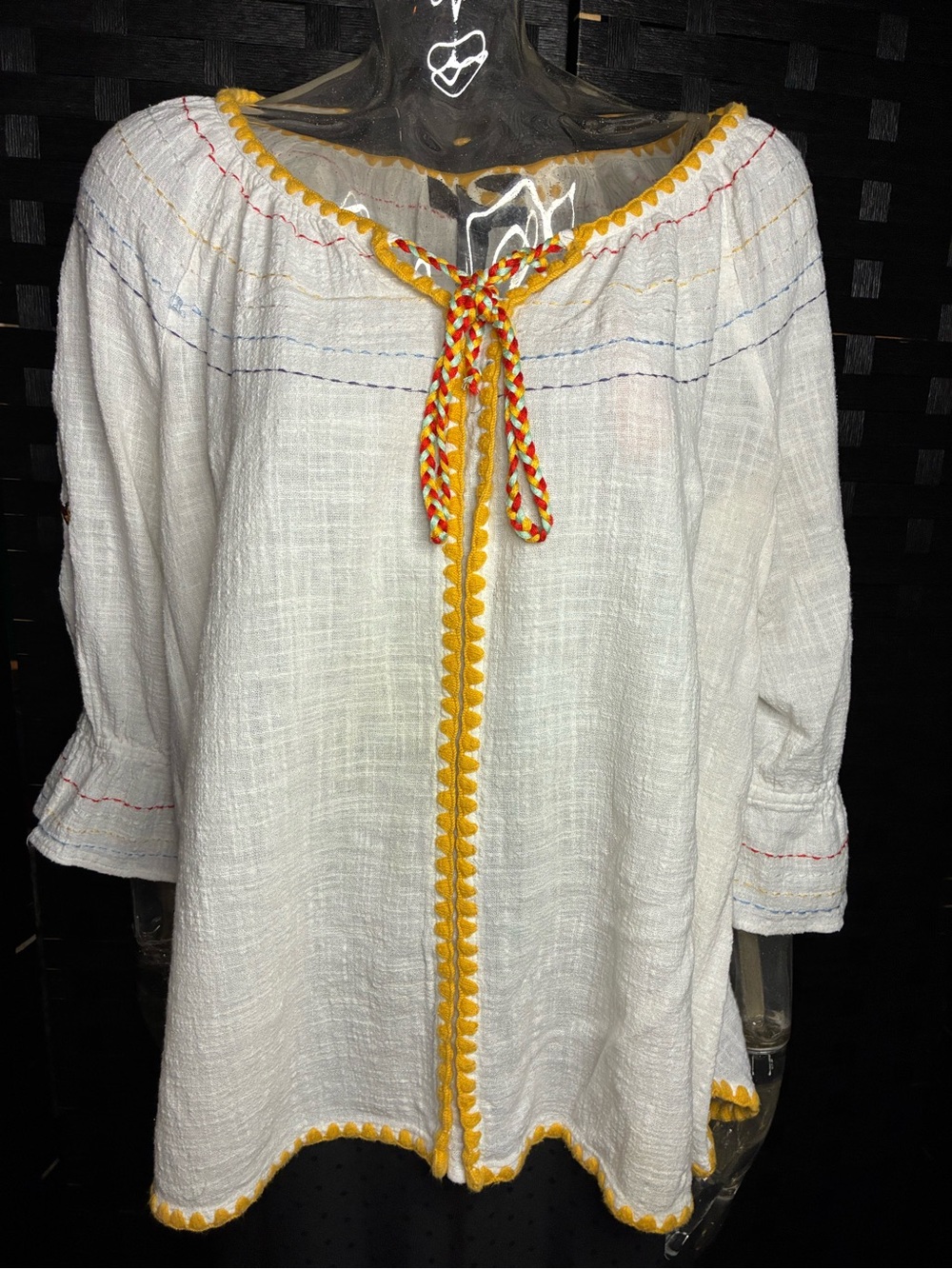 Ali Miles White Peasant Blouse with Yellow Trim and Multicolor Tie
